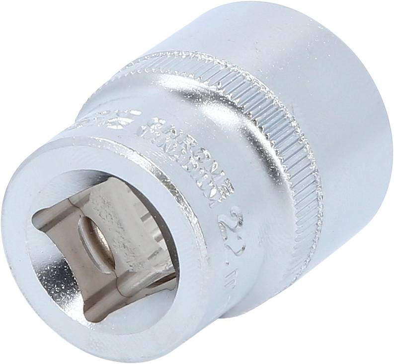 Ein silberner Steckschlüsseleinsatz aus Metall, sechskantig mit 22 mm Kennzeichnung, verwendet in der Mechanik für Schraubarbeiten.