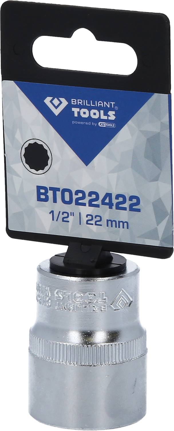 Steckschlüssel-Einsatz, Brilliant Tools, BT022422, 1/2 Zoll, 22 mm, in silberner Metalloptik mit Halterung für einfache Aufbewahrung.