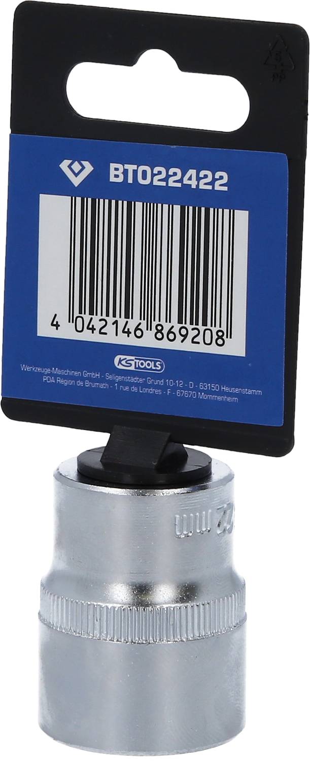 'BT022422' Stecknuss mit silbernem Finish, Barcode und blauer Halterung zum Aufhängen; für Werkzeuge geeignet.