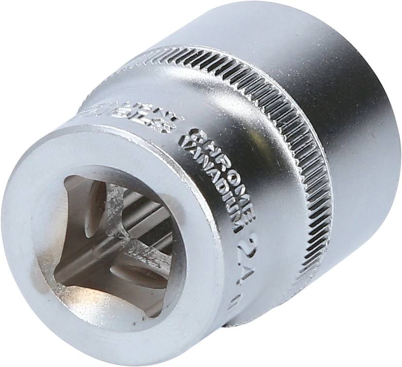 Steckschlüsseleinsatz aus Chrom-Vanadium-Stahl mit gerändeltem Ring zur besseren Griffkontrolle, geeignet für verschiedene Schraubarbeiten.