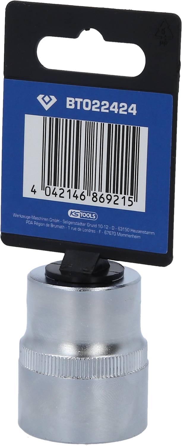 Steckschlüssel-Einsatz mit blauem Etikett, Barcode und Produktnummer BTO22424.