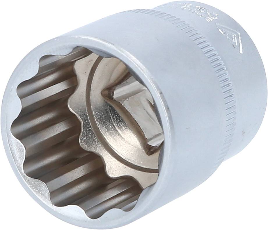 Ein silberfarbener Steckschlüsselaufsatz aus Metall mit zwölf Zähnen, geeignet für die Verwendung mit einem Drehmomentschlüssel.