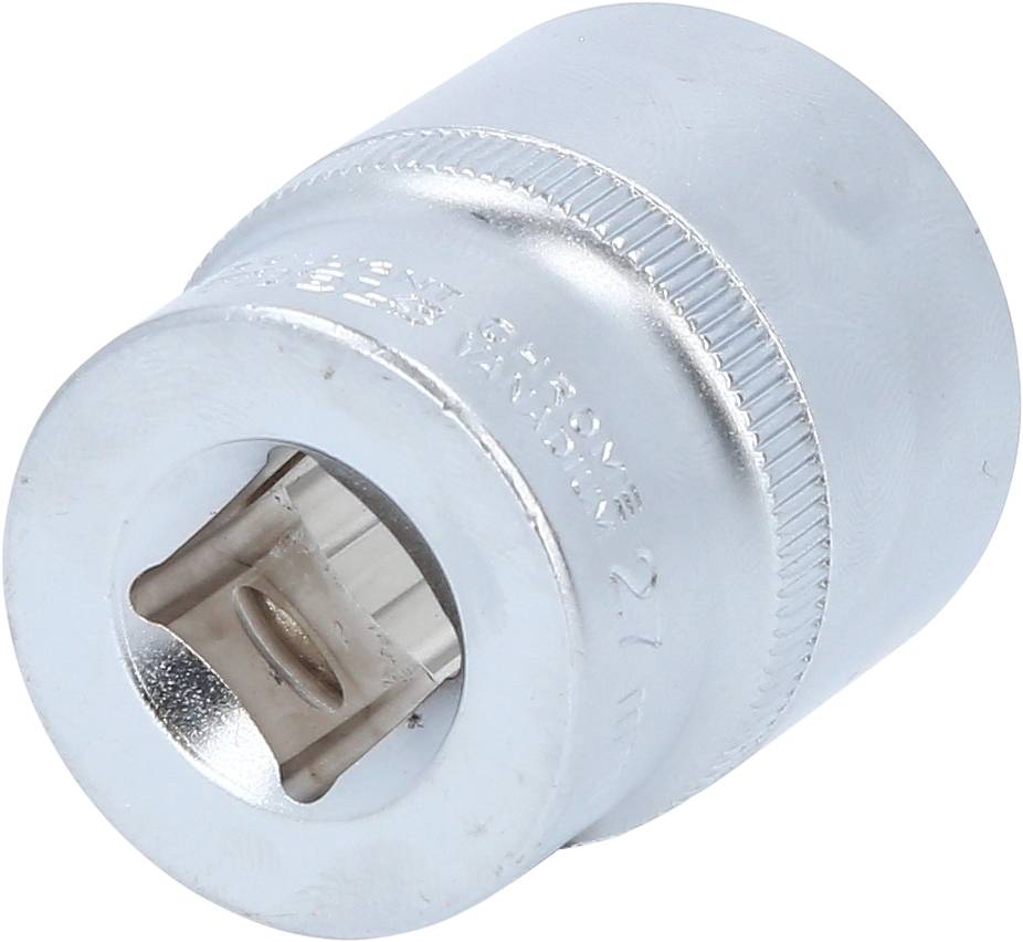 Metallstecknuss mit glänzender Oberfläche, zylindrische Form und geriffeltem Rand. Innensechskantaufnahme, geeignet für Werkzeuge.