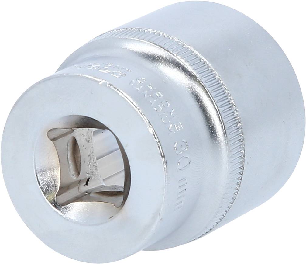 Metall-Steckschlüssel mit gerändeltem Rand, zylindrische Form, zur Befestigung an Ratschen oder Schraubenschlüsseln, mattes Silberfinish.