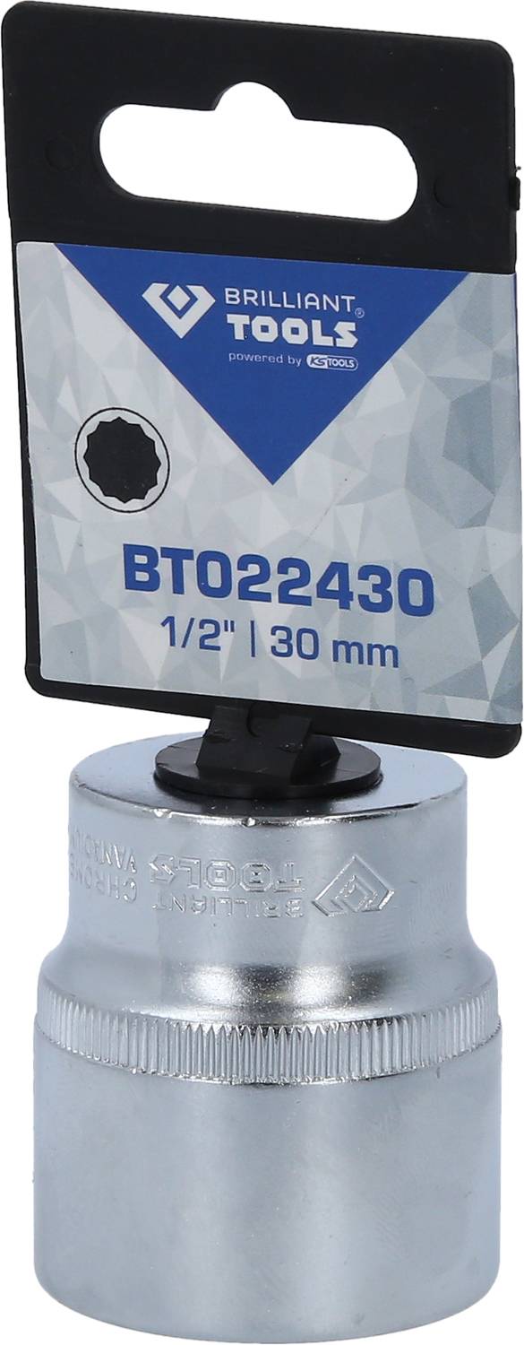 'Brilliant Tools' Steckschlüssel, 1/2 Zoll, 30 mm, verchromt, mit Produktetikett oben.