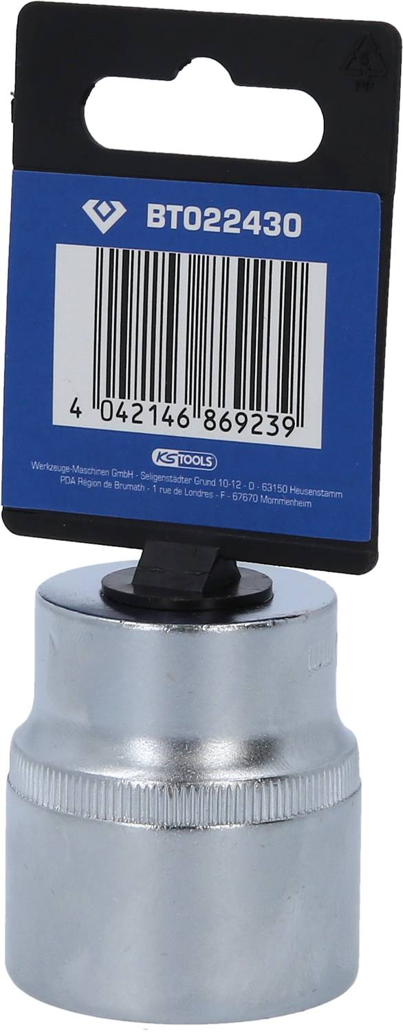 Eine silberne Stecknuss mit einer blauen Verpackung, die den Barcode '4042146869239' und die Aufschrift 'BT022430' zeigt.