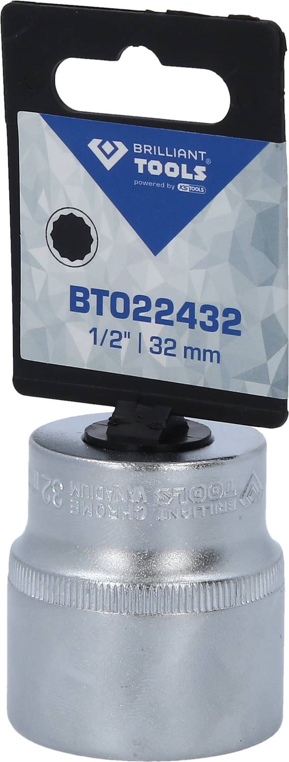 Steckschlüsselaufsatz von Brilliant Tools, Modell BT022432, Größe 1/2 Zoll, 32 mm. Verpackt mit Herstellerlogo und Produktinformationen.