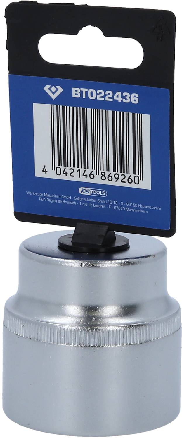 Eine silberne Schraubkappe mit blauem Etikett, das den Strichcode '4042146869260' und die Produktnummer 'BT022436' zeigt.