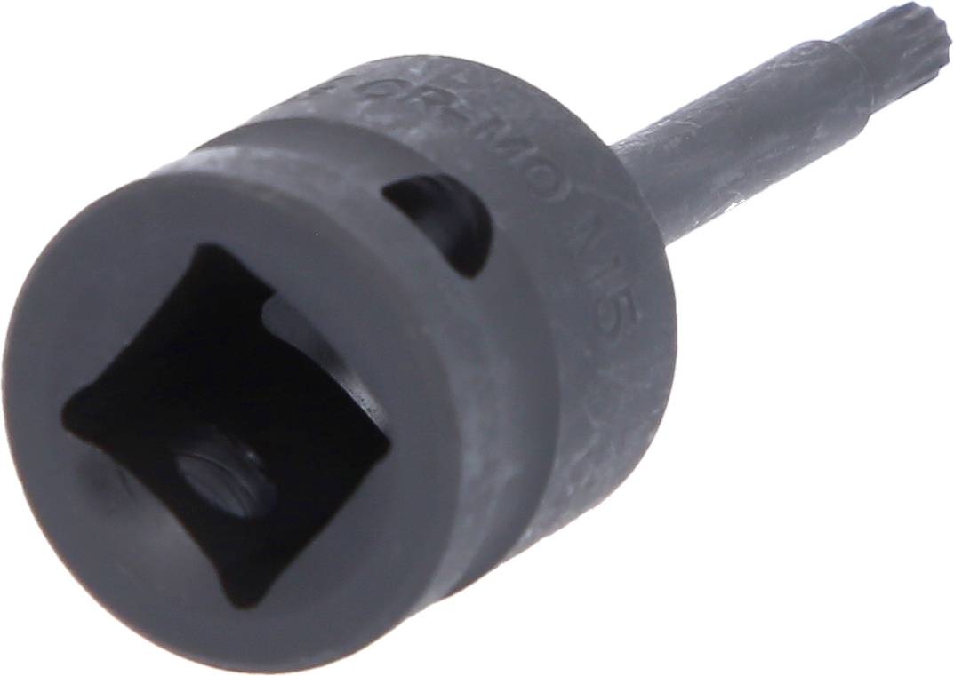 Ein schwarzer Steckschlüsselaufsatz mit quadratischer Öffnung und geriffeltem Ende, geeignet für mechanische Arbeiten und Reparaturen.