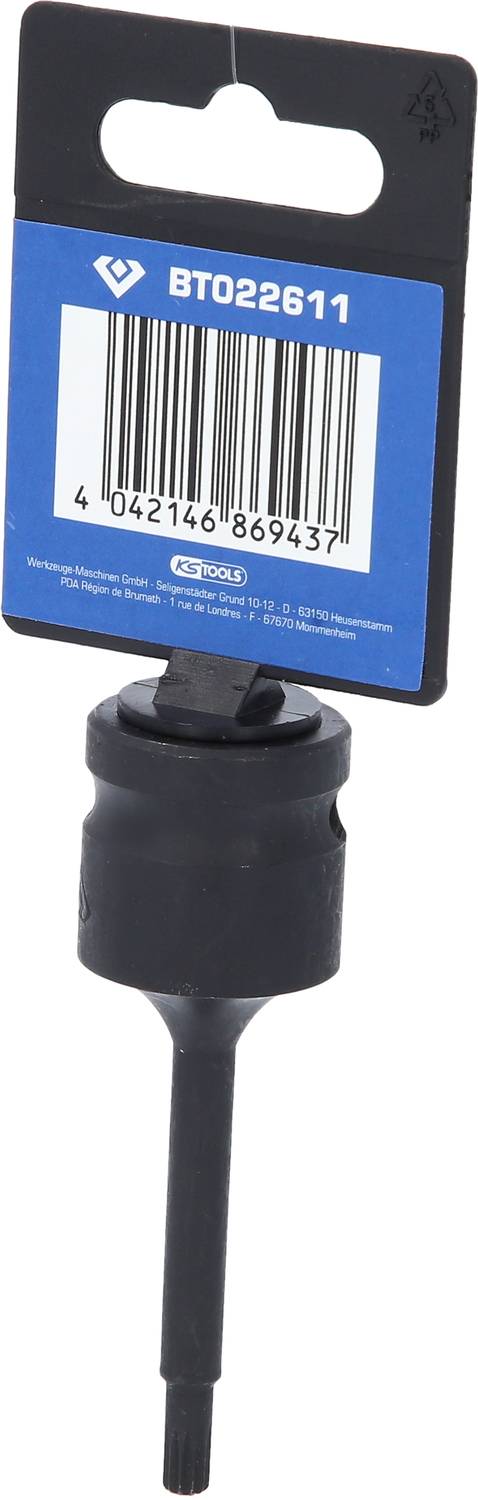 Ein schwarzer Bohrer mit einem blauen Etikett, das den Barcode '4042146869437' und die Nummer 'BT022611' zeigt.