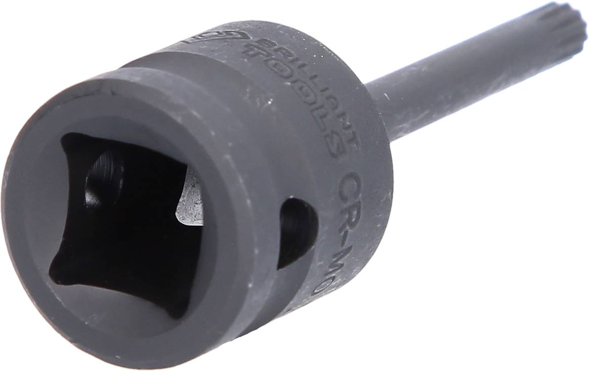 Torx-Profil Stecknuss mit langem Schaft, dunkles Metall, quadratische Öffnung zur Befestigung an einem Werkzeug, verwendet für mechanische Anwendungen.