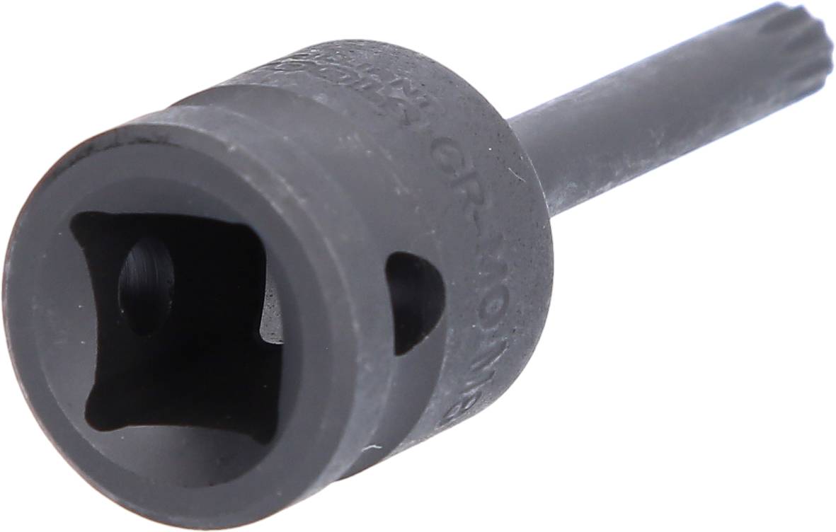 Ein Vierkantschraubendreherkopf in Metalloptik, vermutlich ein Werkzeugaufsatz, mit zylindrischem Schaft und quadratischem Endstück.