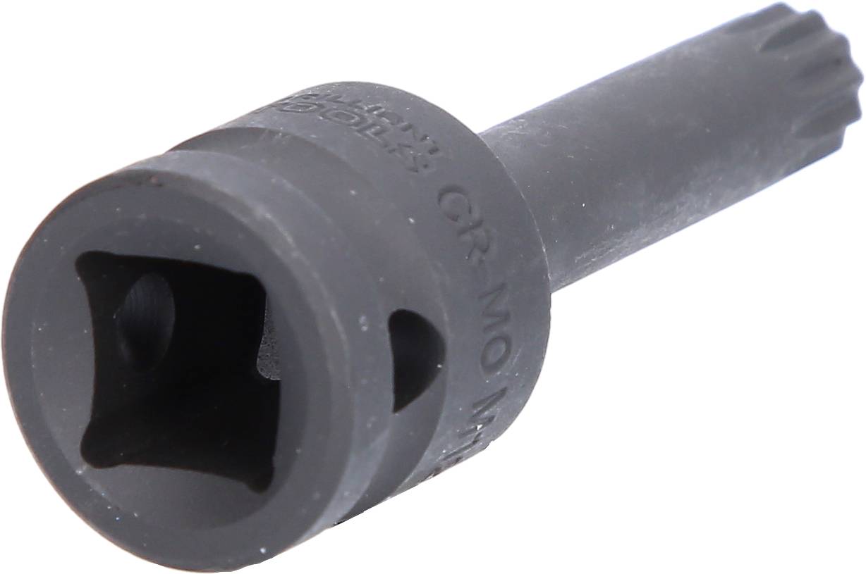 Eine schwarze Vielzahn-Stecknuss mit runder Öffnung und geriffeltem Schaft, um Fahrzeugteile zu montieren oder zu demontieren.