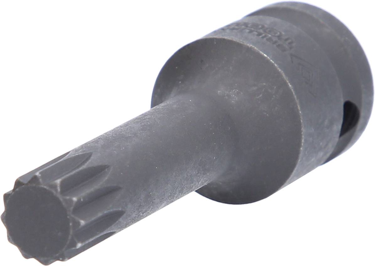 Ein schwarzer Metall-Bit-Einsatz mit geriffeltem Kopf und zylindrischem Schaft, verwendet für handwerkliche Arbeiten oder Reparaturen.