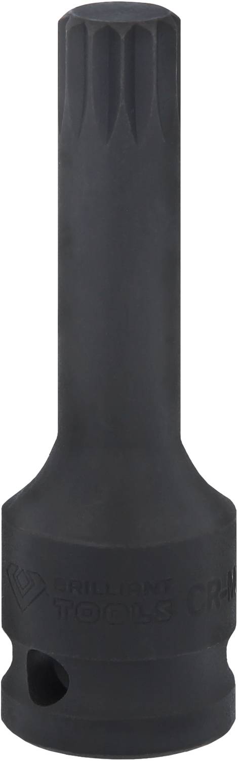 Ein schwarzer Steckschlüsseleinsatz mit langem Schaft und einer sechskantigen Aufnahme. Geeignet für den professionellen Werkzeugeinsatz.