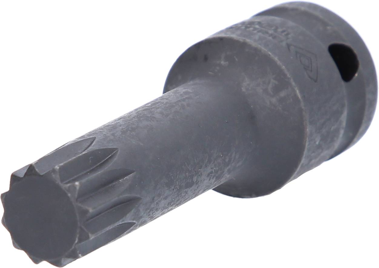 Ein schwarzer Steckschlüsseleinsatz mit gezacktem Ende, geeignet für spezielle Schraubtypen.