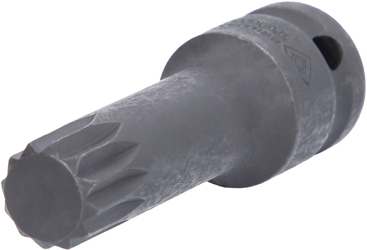 Ein schwarzer Steckschlüsseleinsatz mit geriffeltem Ende, geeignet zum Lösen von Schrauben oder Muttern, aus robustem Material.