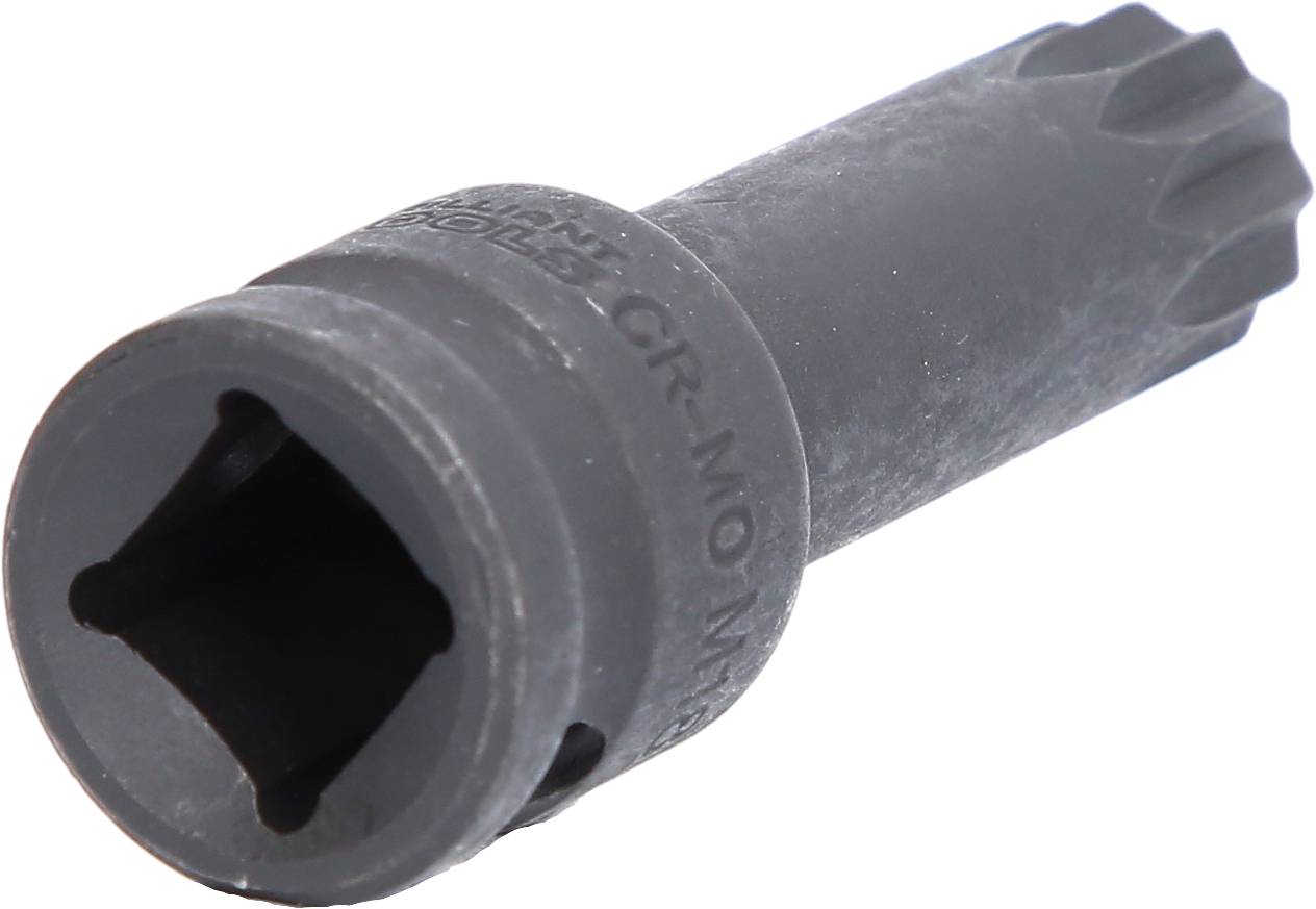 Schwarze Schraubnuss mit sechskantiger Öffnung, geeignet für Werkzeuge wie Ratschen, zur Befestigung und Lösung von Schrauben.