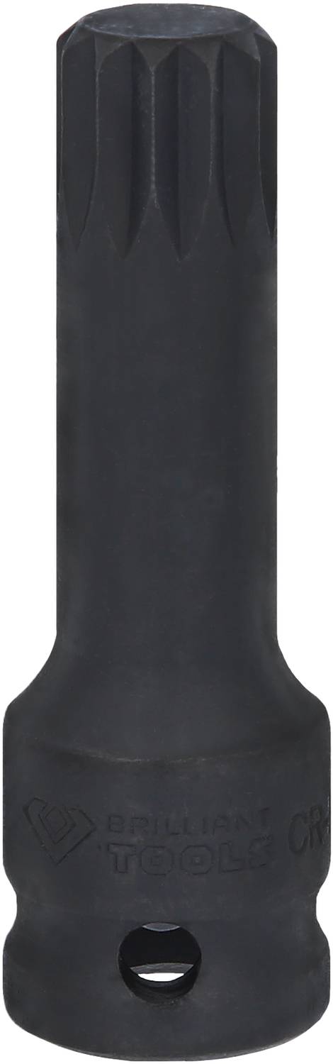 Ein schwarzes Werkzeug, vermutlich ein Steckschlüsselaufsatz, zylindrisch mit gezahntem Ende, geeignet für die Arbeit mit Bolzen oder Muttern.