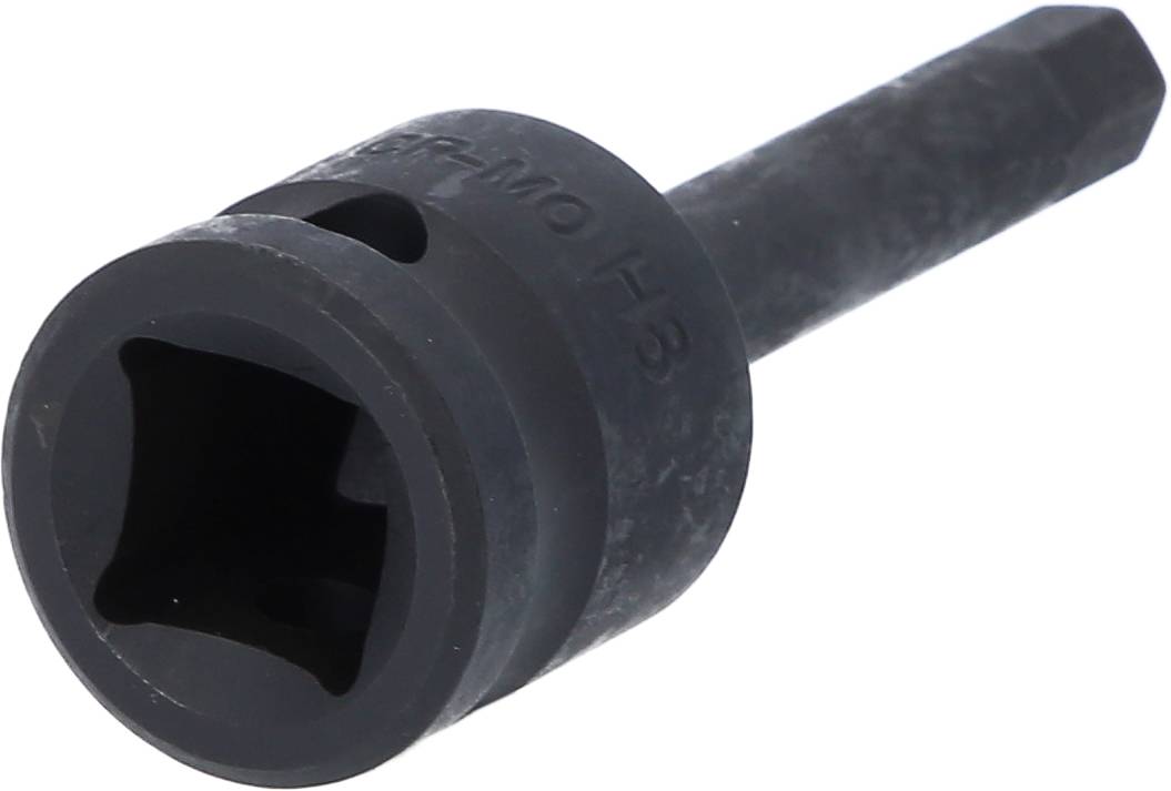 Ein schwarzer, industrieller Steckschlüsselaufsatz mit sechseckigem Schaft und quadratischer Öffnung, geeignet für handwerkliche Arbeiten.