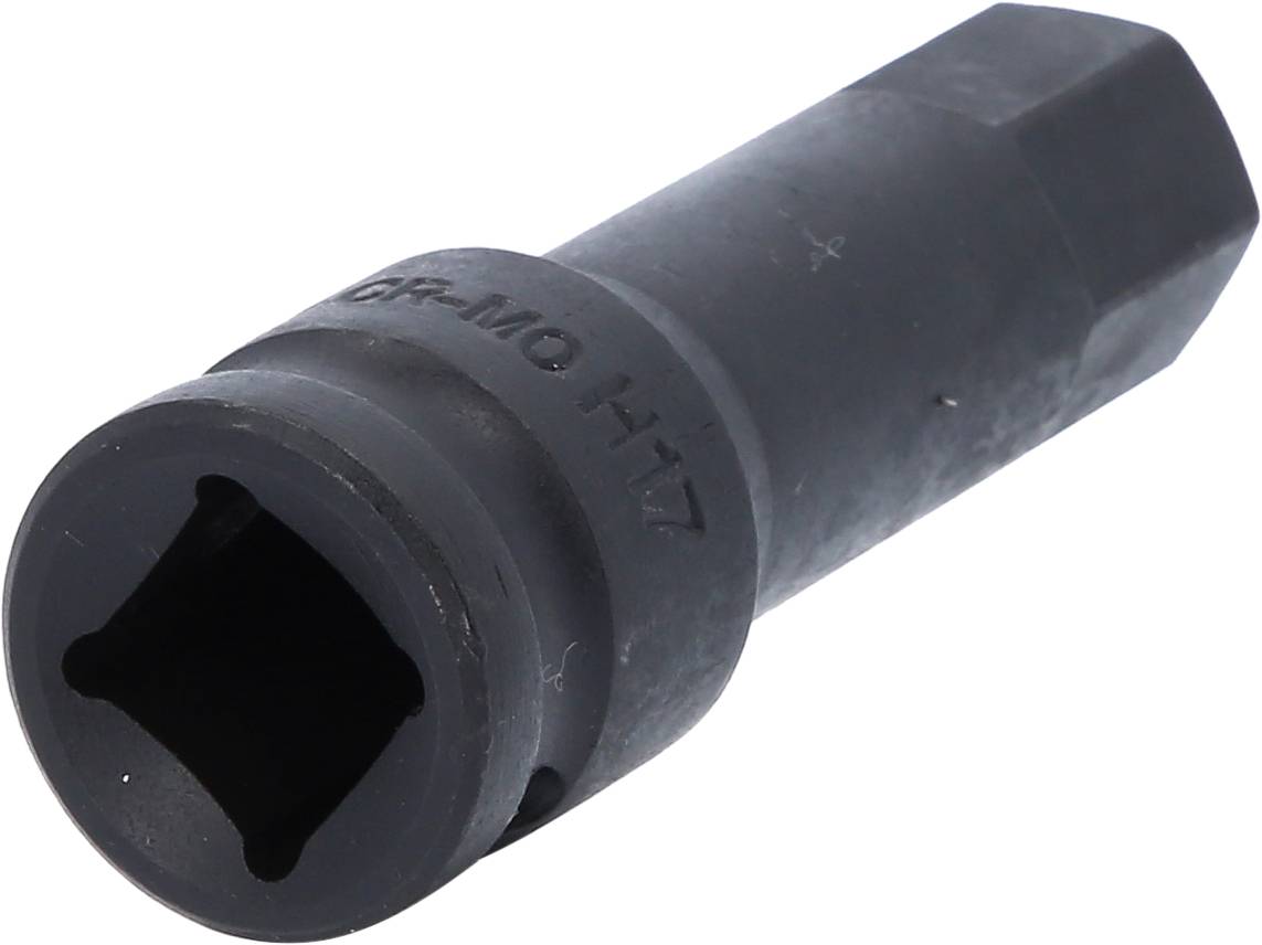 Schwarze Stecknuss mit hexagonalem Kopf und quadratischer Aufnahme, zur Anwendung mit einem Schraubenschlüssel oder Ratsche geeignet.