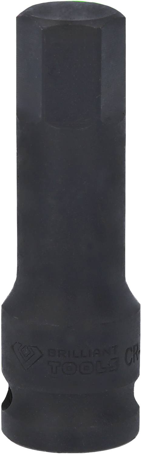 Eine schwarze Stecknuss mit sechskantiger Öffnung, markiert mit dem Logo 'Brilliant Tools'. Geeignet für Werkzeuge im Kfz-Bereich.