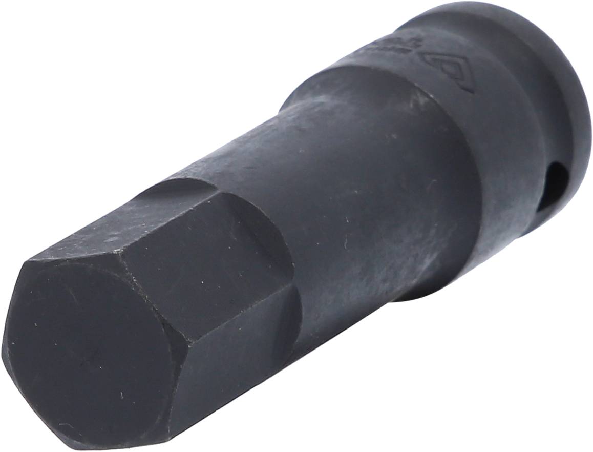 Ein schwarzer Sechskant-Schlagschrauber-Einsatz aus Metall, typischerweise zur Arbeit mit schweren Maschinenteilen verwendet.