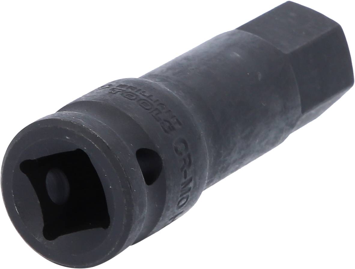 Ein schwarzer Sechskantaufsatz für einen Schlagschrauber, mit einem quadratischen Ende zum Anbringen von Schraubwerkzeugen.