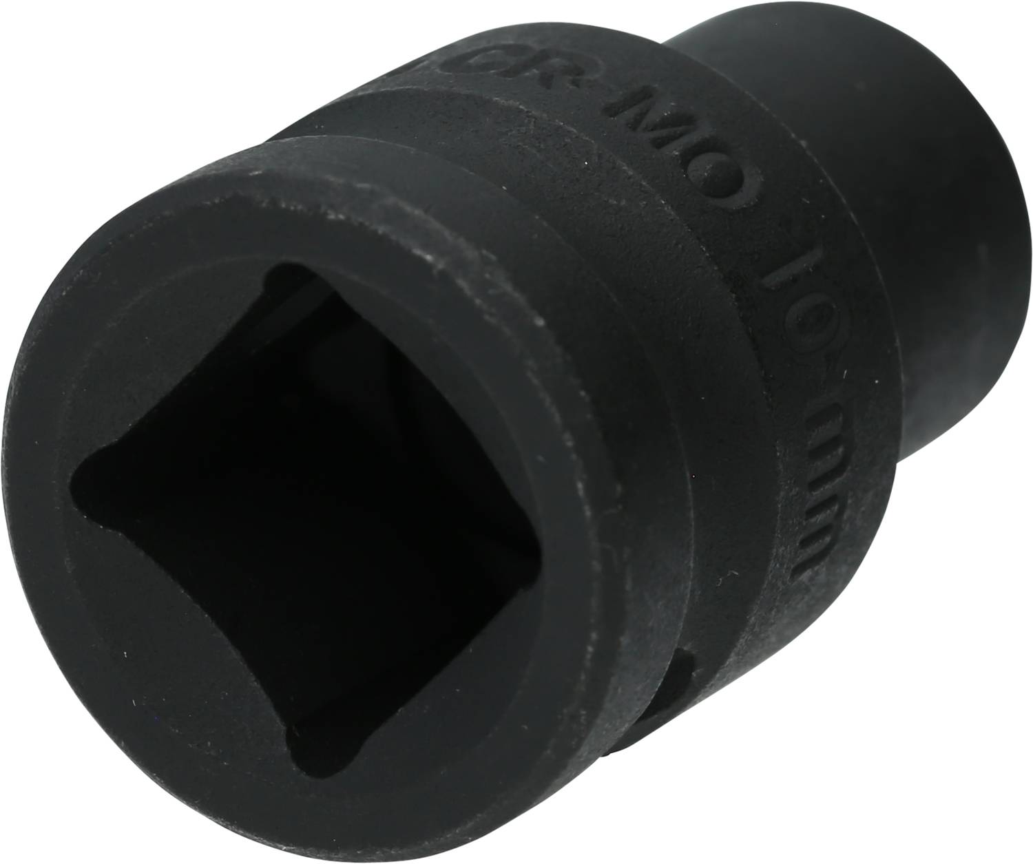 Schwarzer 10-mm-Steckschlüsselaufsatz aus Metall mit quadratischer Öffnung; Werkzeug zur Befestigung oder Lockerung von Muttern und Schrauben.