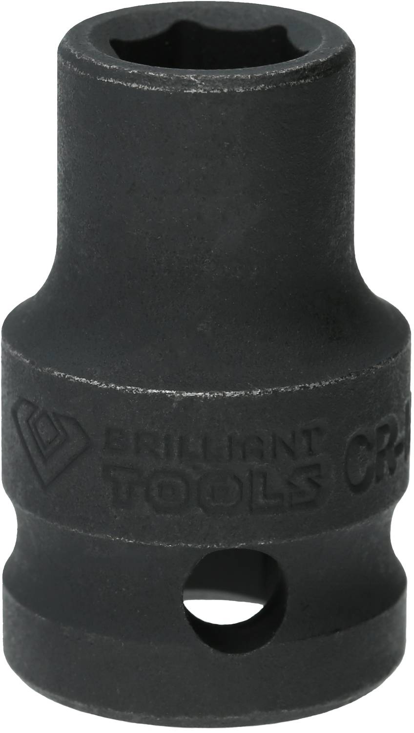 Eine schwarze Stecknuss mit Innensechsrundaufnahme. Auf der Oberfläche ist der Text 'BRILLIANT TOOLS' eingeprägt.