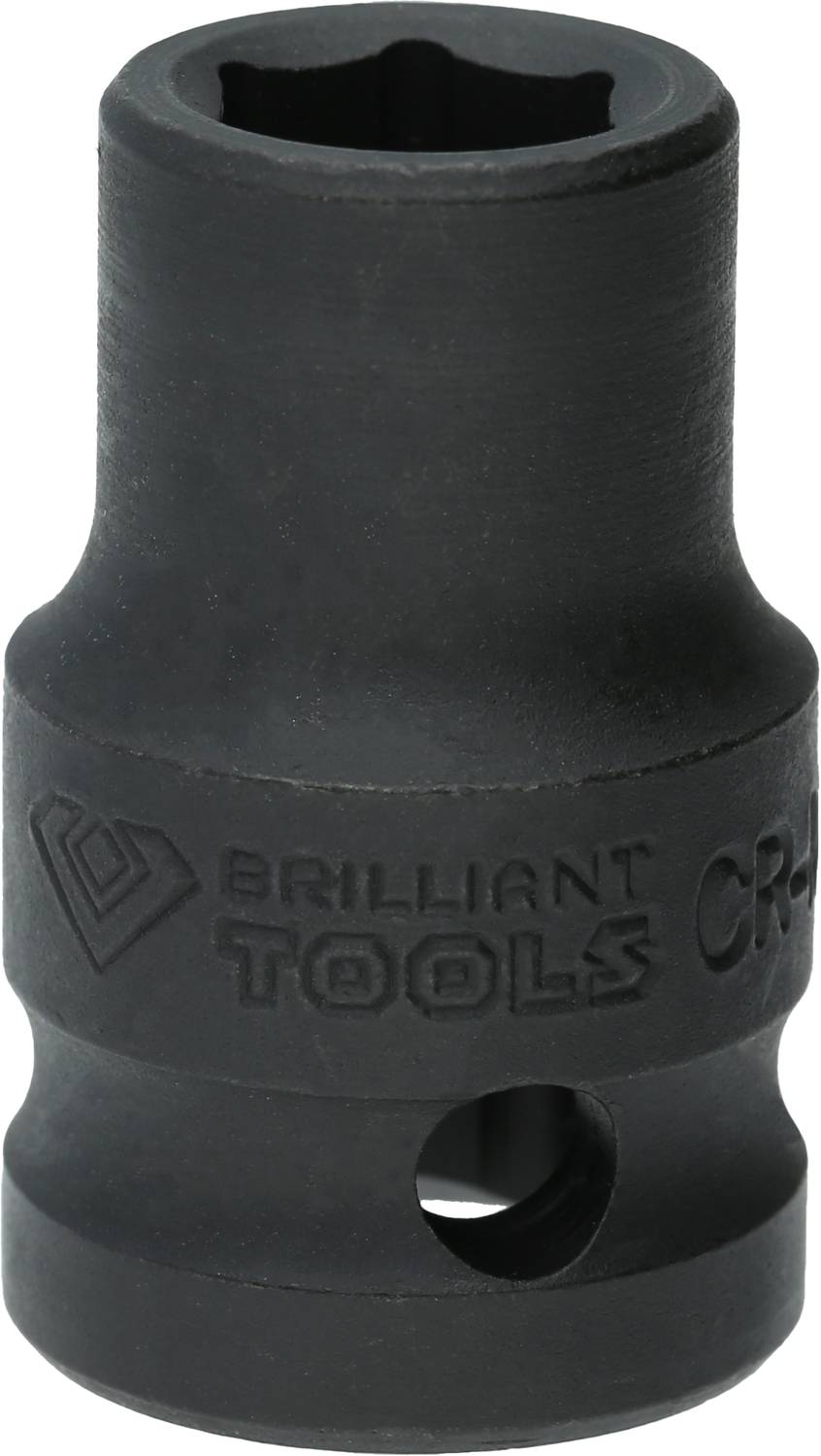 Eine schwarze Sechskant-Stecknuss, auf der 'BRILLIANT TOOLS' eingraviert ist. Sie hat ein markantes Loch an der Seite.
