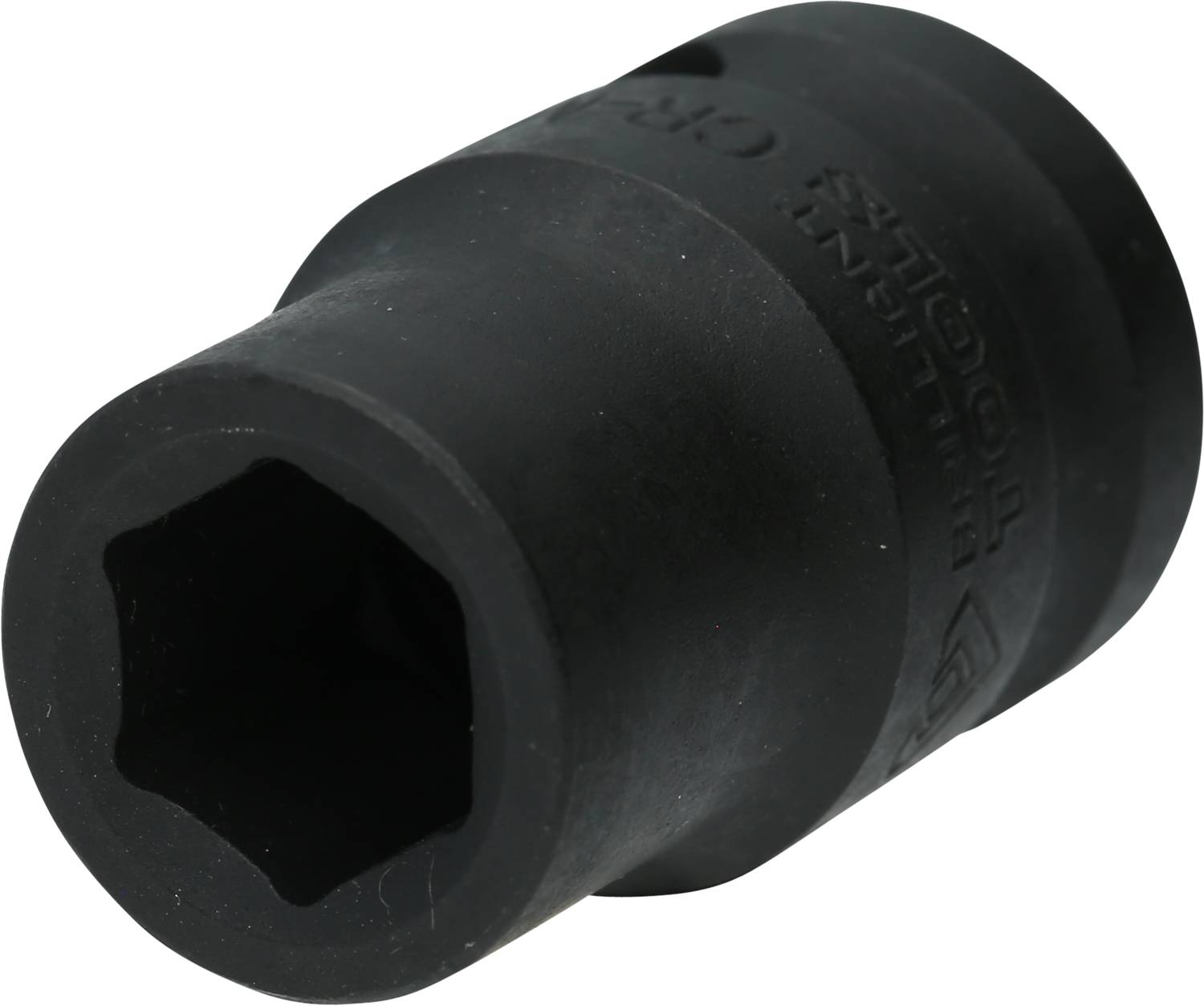 Ein schwarzer Stecknussaufsatz aus Metall, sechskantig, für den Einsatz mit einem Schraubenschlüssel oder einer Ratsche.