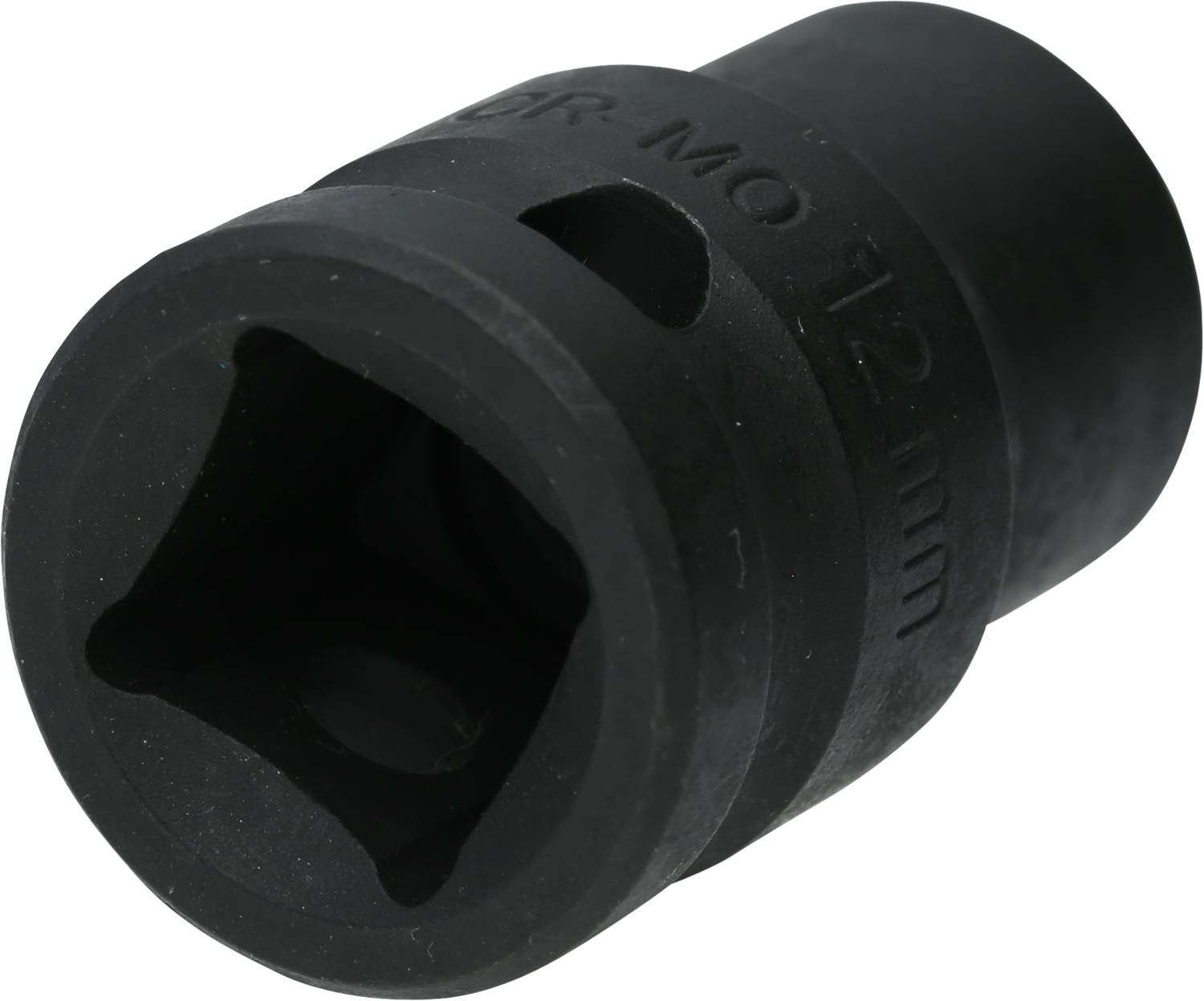 Eine schwarze Sechskant-Stecknuss mit Beschriftung 'DR. MO-12 mm', geeignet für den Einsatz mit einem Ratschenwerkzeug.