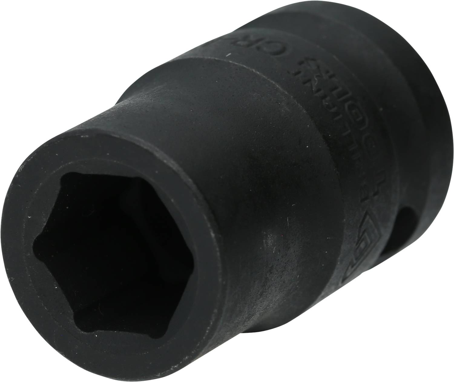 Eine schwarze, sechseckige Stecknuss, die in der Mechanik zum Festziehen oder Lösen von Schrauben und Muttern verwendet wird.