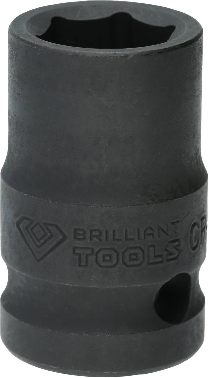 Die Abbildung zeigt eine schwarze Sechskant-Stecknuss aus Metall mit der Aufschrift 'Brilliant Tools'.