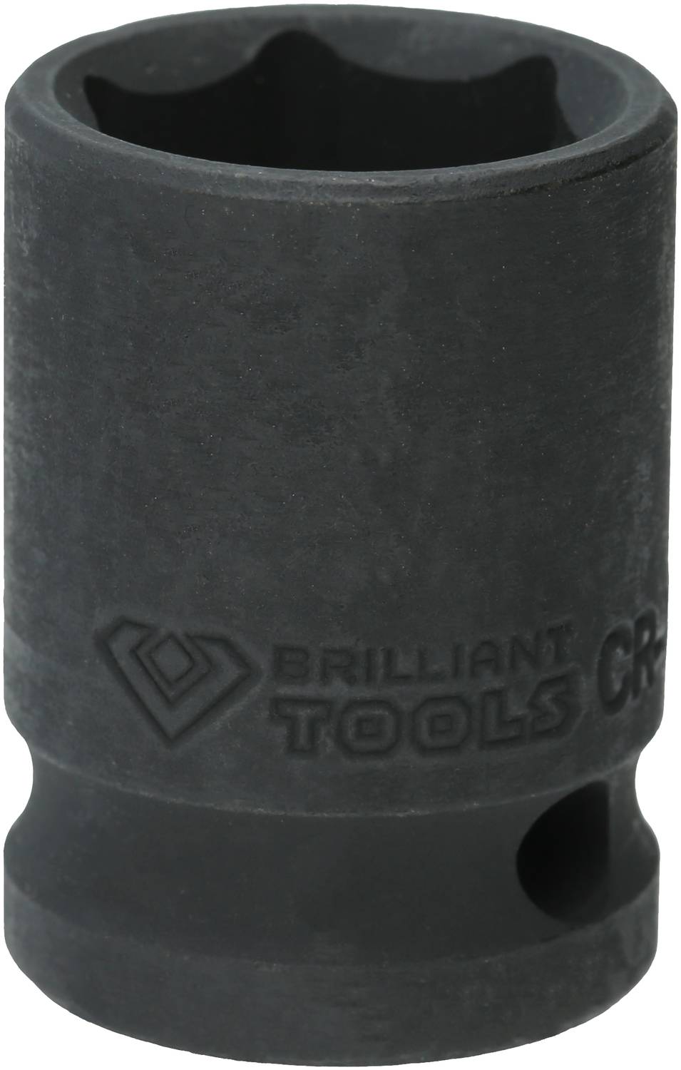 Ein schwarzer Steckschlüsseleinsatz mit der Aufschrift 'BRILLIANT TOOLS CR-MO'.
