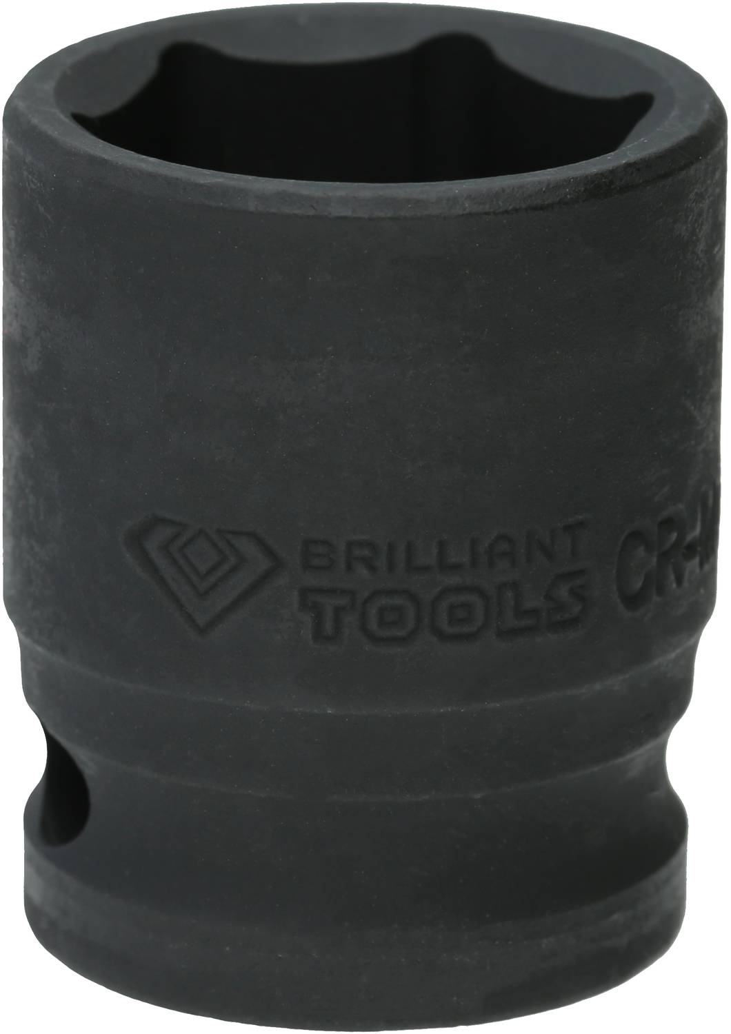Schwarze, zylindrische Stecknuss mit Logo 'Brilliant Tools CR-MO', aus robustem Material, geeignet für Schraubarbeiten.
