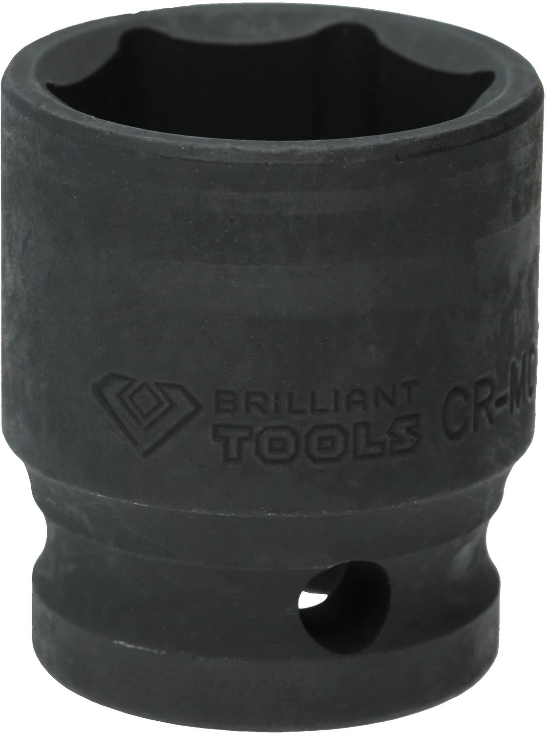 Schwarze Stecknuss mit Beschriftung 'Brilliant Tools CR-MO', zylindrische Form mit runden Kanten und seitlicher Lochung.