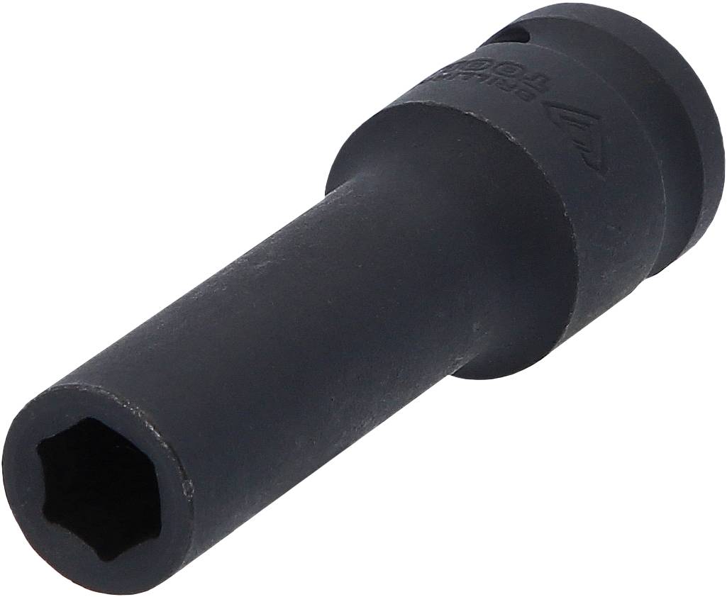 Eine schwarze Stecknuss mit langer, zylindrischer Form, geeignet für Schraubarbeiten in schwer zugänglichen Bereichen.