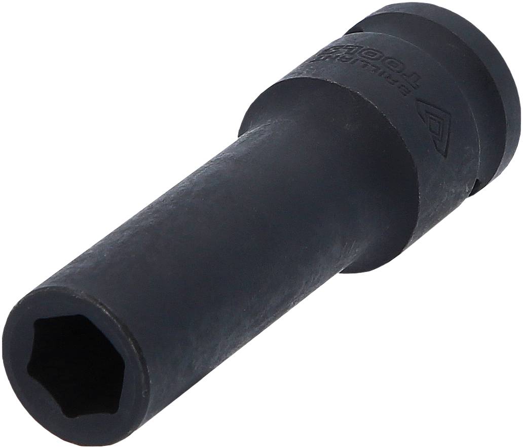 Ein langer, schwarzer Steckschlüsseleinsatz mit abgerundetem Sechskantprofil, verwendet zum Lösen und Anziehen von Schrauben.