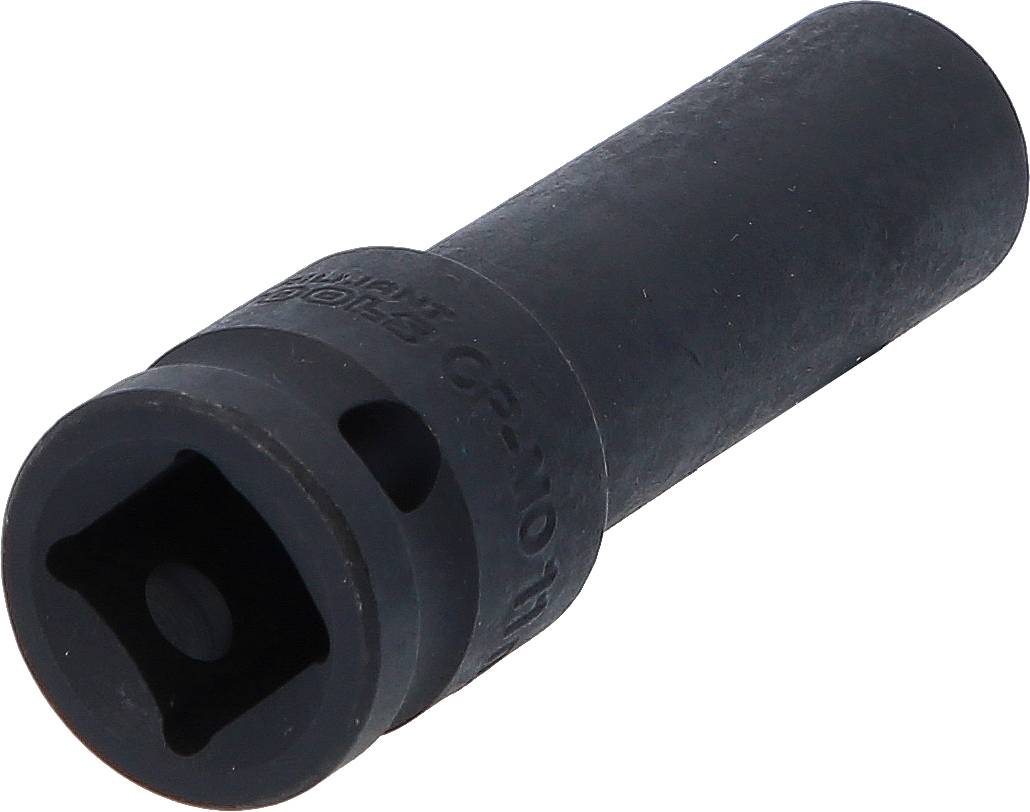 Ein schwarzer Steckschlüssel mit zylindrischer Form und quadratischer Öffnung, geeignet für mechanische Arbeiten oder Reparaturen.