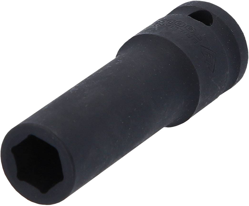 Ein schwarzer Steckschlüsselaufsatz mit sechseckiger Öffnung, geeignet für das Lösen oder Anziehen von Schraubenmuttern in Werkzeugen.