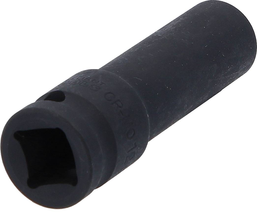 Schwarze Stecknuss mit Sechskantöffnung, geeignet für den Einsatz mit einem Schraubenschlüssel oder einer Ratsche.