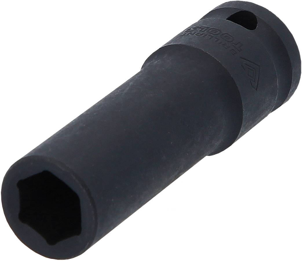 Eine schwarze Stecknuss, zylinderförmig, mit sechseckiger Öffnung. Geeignet für Werkzeuge zur Verschraubung.