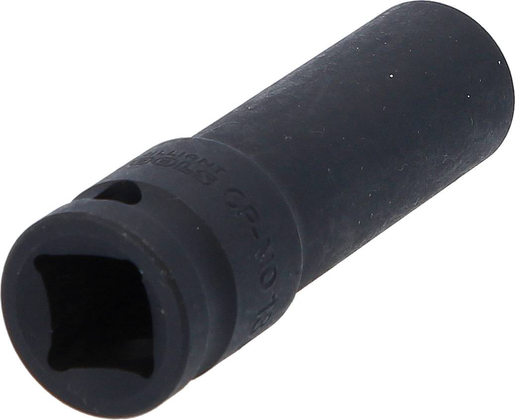 Langer, schwarzer Steckschlüsseleinsatz mit Vierkantaufnahme; wird zum Anziehen oder Lösen von Schrauben/Muttern verwendet.