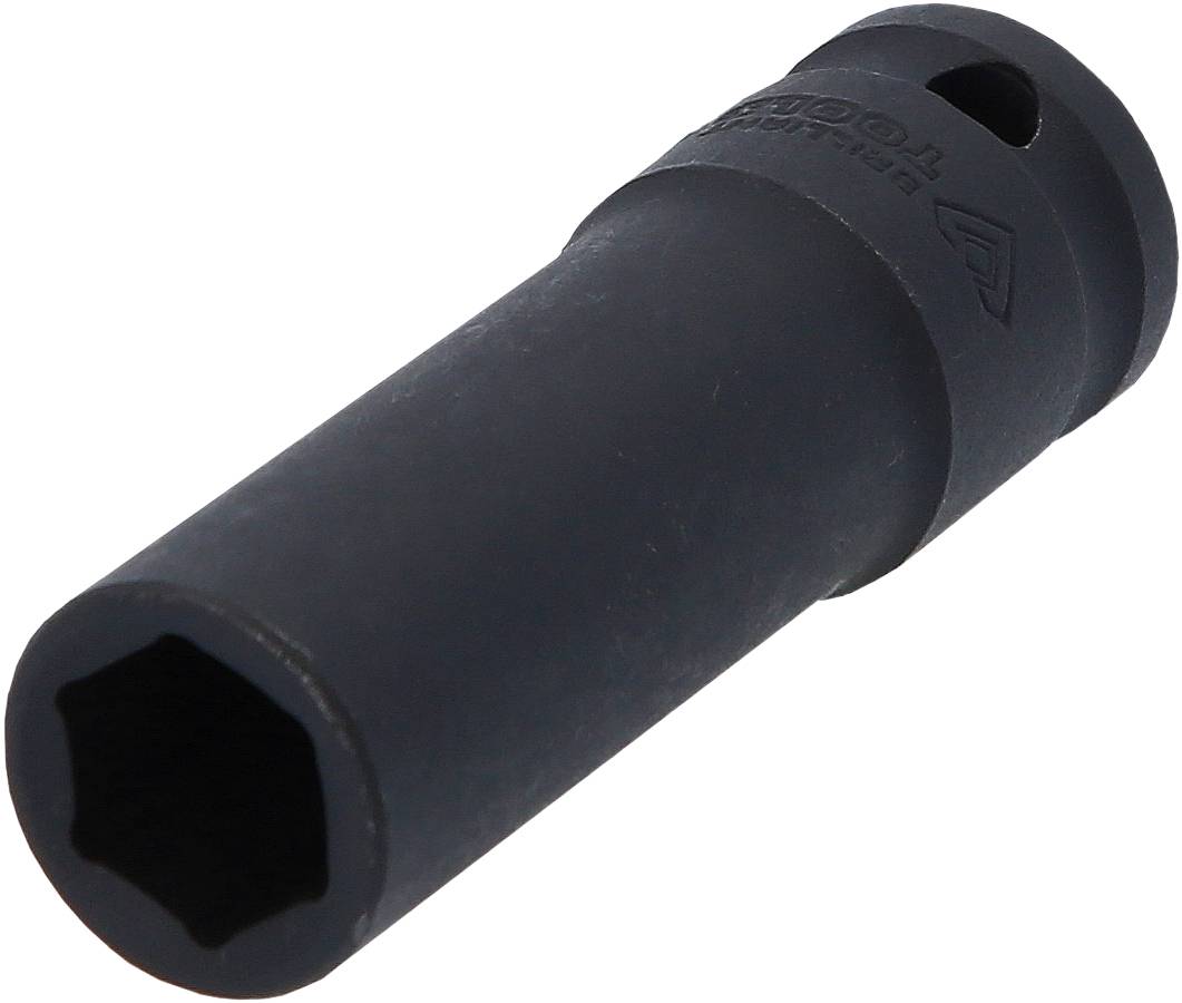 Ein schwarzer Steckschlüsselaufsatz, sechseckige Öffnung, robust gebaut, häufig in der Fahrzeugmechanik verwendet.