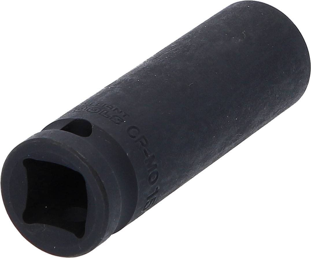 Schwarze, zylindrische Stecknuss mit quadratischer Öffnung vor weißem Hintergrund. Wird häufig für Schraubarbeiten verwendet.