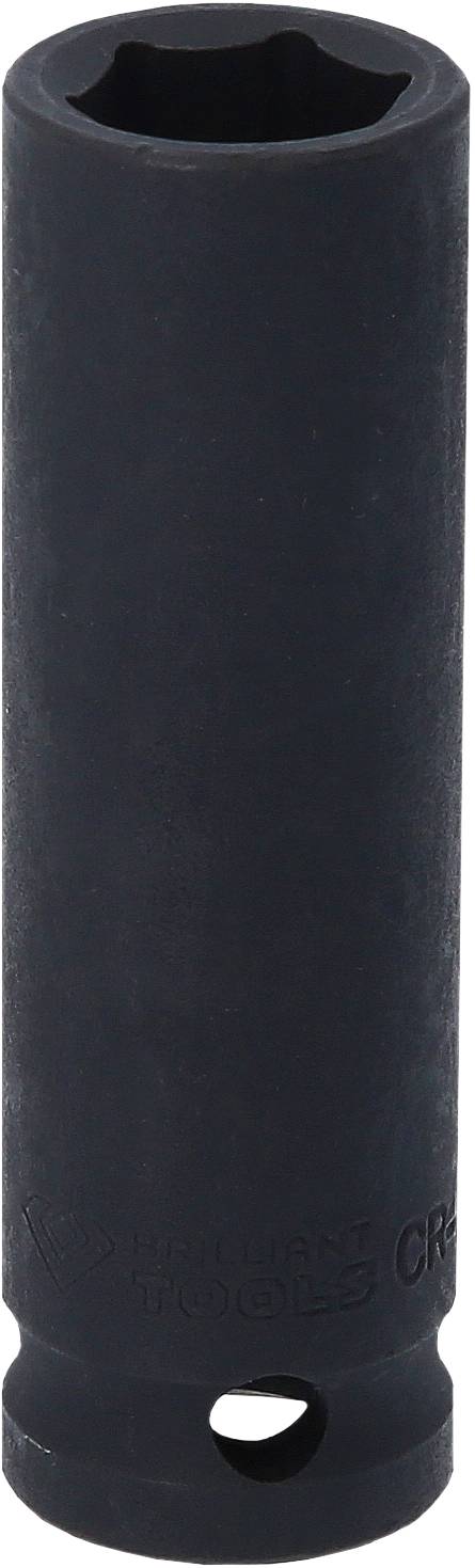 Ein schwarzer Steckschlüssel aus Metall, zylindrisch mit sechseckiger Öffnung, geeignet zum Anziehen oder Lösen von Schraubenmuttern.