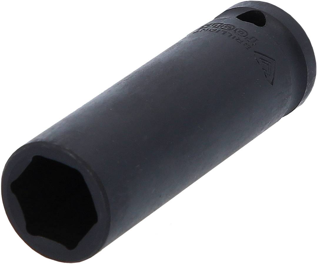 Langer, schwarzer Steckschlüsselaufsatz mit abgerundeter Sechskantöffnung, geeignet für Kraftwerkzeuge und schwer zugängliche Muttern.