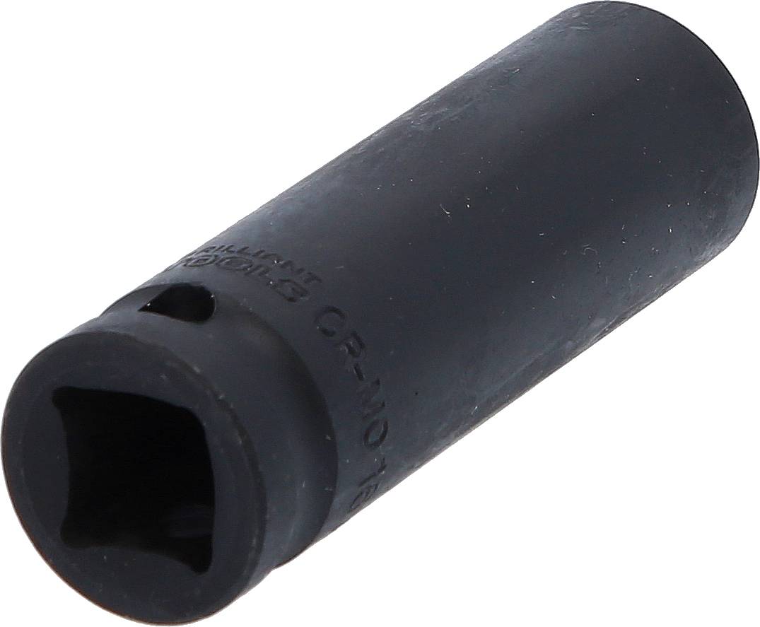 Eine schwarze Stecknuss, außen zylindrisch mit quadratischer Öffnung, dient zur Befestigung von Schrauben oder Muttern mit Ratschen.